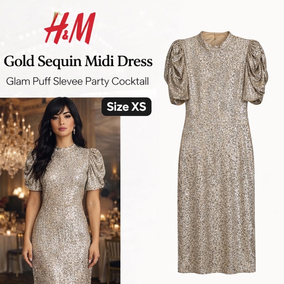 H&M Dresses & Skirts - H&M Gold Sequin Midi Dress XS Stretch Puff Sleeve Party Cocktail Glam